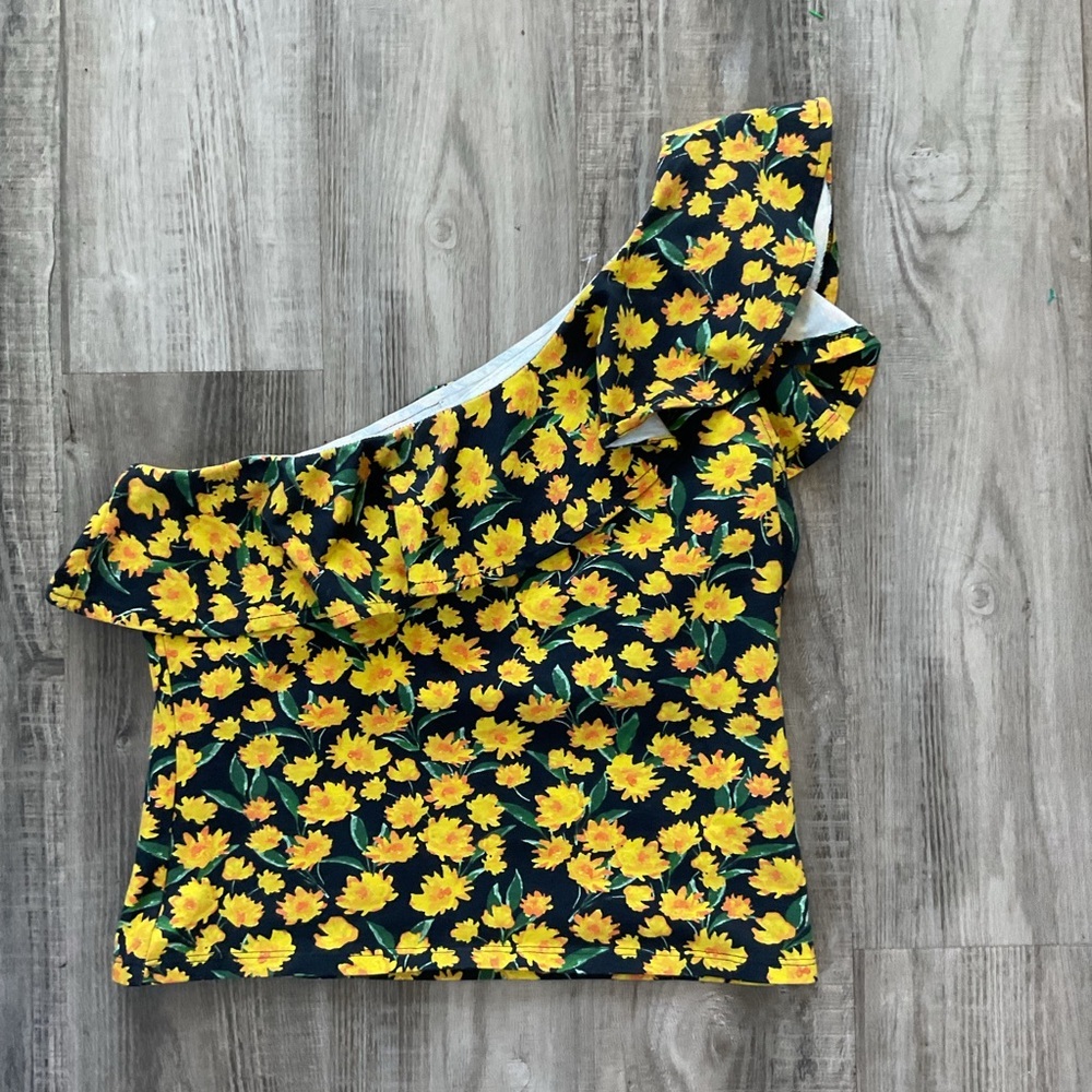Maeve Anthropologie Women’s Size Small Black Yellow Print One Shoulder Top New - Picture 2 of 4